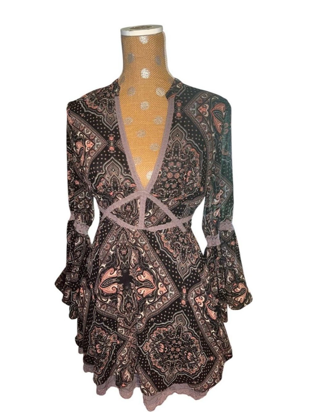 Free People Black and Blush Paisley V-Neck Mini Dress